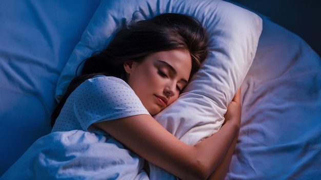 Vista superior de uma jovem atraente dormindo bem na cama abraçando uma almofada branca macia