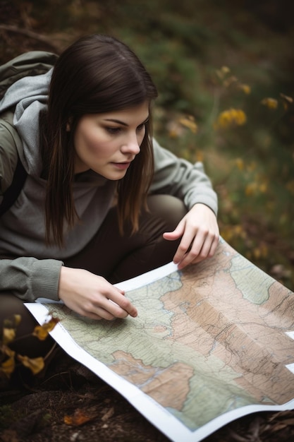 Vista superior de uma jovem encontrando seu caminho com um mapa na natureza