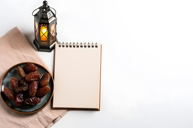 Foto vista superior de uma lanterna e um prato de datas com um bloco de notas e caneta
