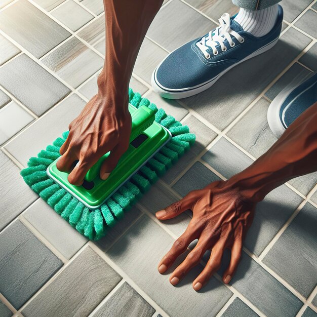 Vista superior de uma mão humana está usando um esfregador de plástico de cor verde para esfregar o chão de azulejos