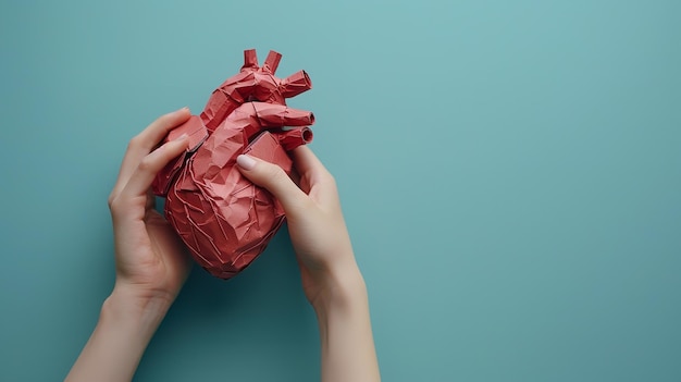 Vista superior de uma mão segurando um coração humano cortado em papel contra um fundo azul com um grande espaço para texto ou produto IA geradora