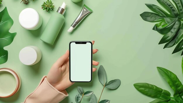 Foto vista superior de uma mão segurando um smartphone de tela em branco em um fundo verde com folhas verdes e produtos cosméticos conceito de produtos naturais de cuidados com a pele