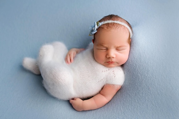 Vista superior de uma menina recém-nascida dormindo em uma roupa branca com uma bandagem azul com uma flor na cabeça sobre um fundo azul claro Belo retrato de uma menina 7 dias uma semana