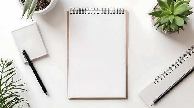 Vista superior de uma mesa com um caderno em branco, uma caneta, um lápis e duas plantas em vaso