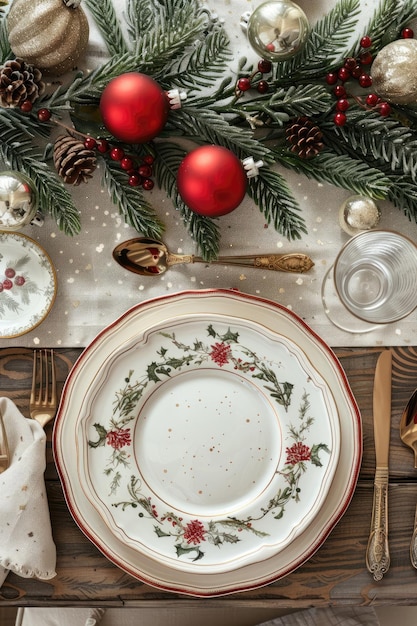 Foto vista superior de uma mesa de férias com pratos decorativos, talheres e uma peça central