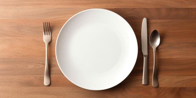 Foto vista superior de uma mesa de madeira branca com prato vazio e talheres