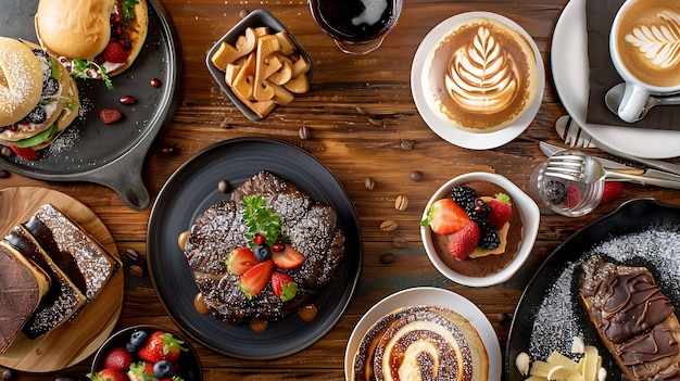 Foto vista superior de uma mesa de madeira cheia de comida e bebidas deliciosas, incluindo hambúrgueres, batatas fritas, panquecas, waffles, café de frutas e vinho