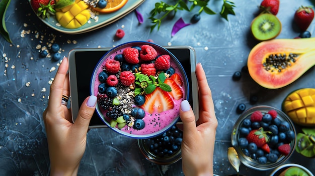 Foto vista superior de uma mulher segurando um smartphone e tirando uma foto de uma tigela de café da manhã saudável com bagas frescas, sementes de chia e granola