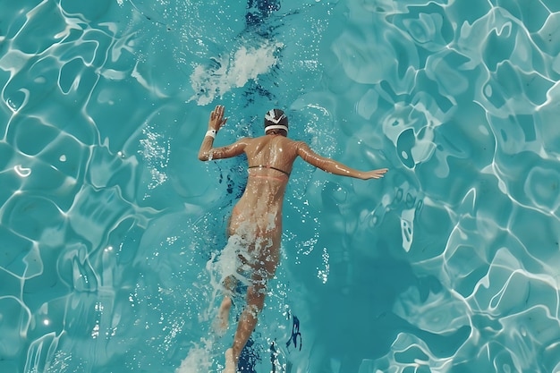 Foto vista superior de uma nadadora profissional nadando em estilo livre na piscina