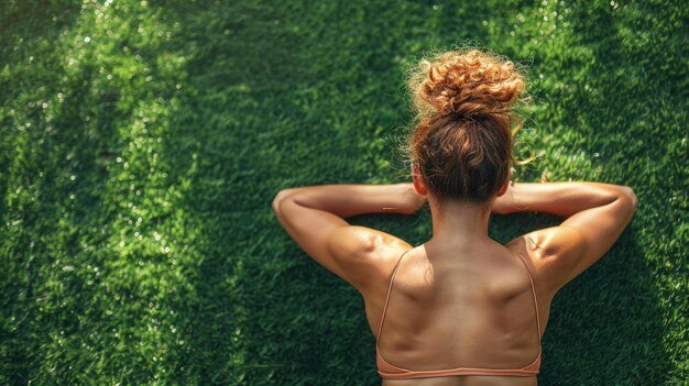 Vista superior de uma pessoa fazendo pilates em um campo de grama com luz solar natural