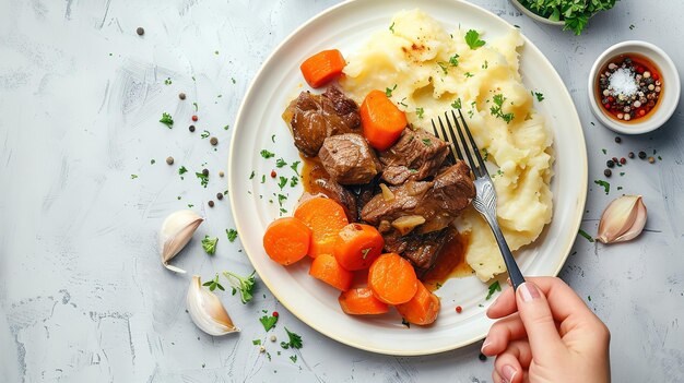 Foto vista superior de uma pessoa não reconhecida comendo uma refeição irlandesa com cenoura de carne com um grande espaço na mesa para texto ou publicidade de produto ia geradora