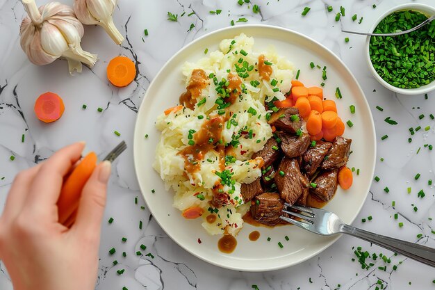 Foto vista superior de uma pessoa não reconhecida comendo uma refeição irlandesa com cenoura de carne com um grande espaço na mesa para texto ou publicidade de produto ia geradora