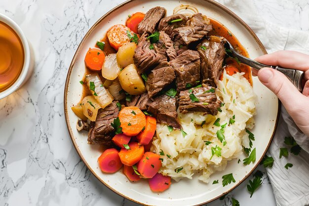 Foto vista superior de uma pessoa não reconhecida comendo uma refeição irlandesa com cenoura de carne com um grande espaço na mesa para texto ou publicidade de produto ia geradora