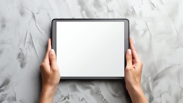 Vista superior de uma pessoa segurando um tablet com uma tela em branco