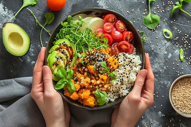 Foto vista superior de uma pessoa segurando uma tigela da deliciosa salada vegana