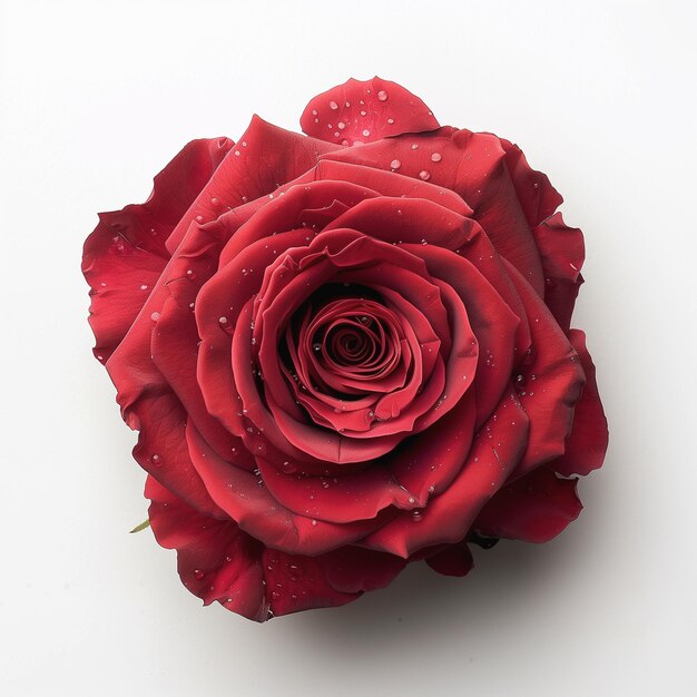 Vista superior de uma rosa vermelha em fundo branco