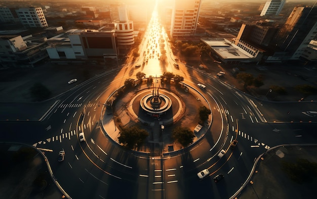 Foto vista superior de uma rotatória no meio de uma cidade movimentada vista aérea centrada simétrica