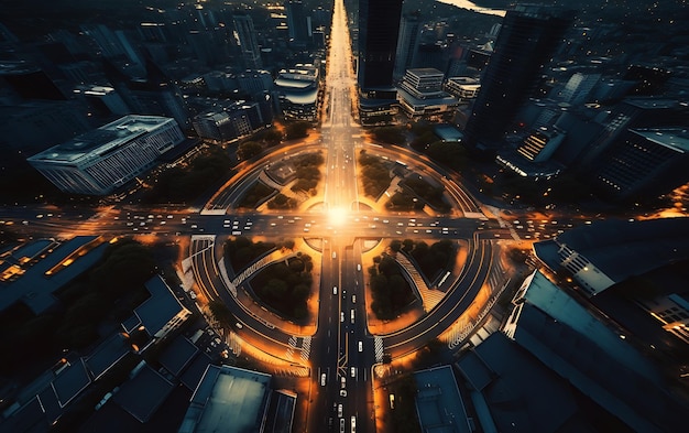 vista superior de uma rotatória no meio de uma cidade movimentada vista aérea centrada simétrica
