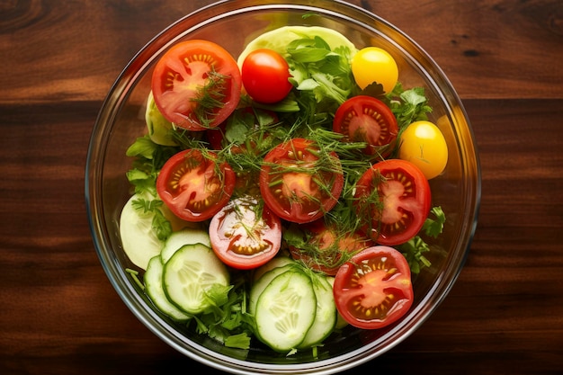 Vista superior de uma saladeira fresca e colorida destacando uma mistura de ingredientes saudáveis