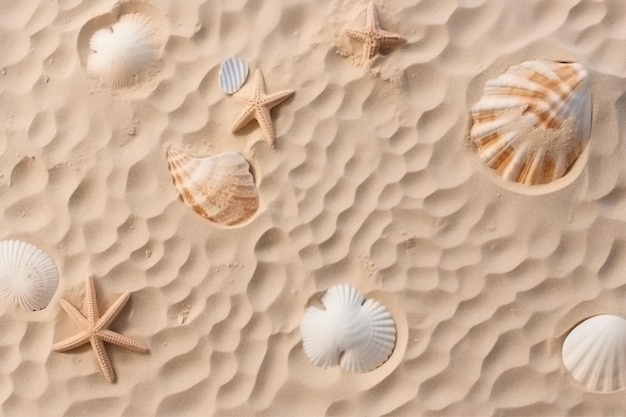 Vista superior de uma textura de praia de areia com impressões de conchas e estrelas-do-mar exóticas