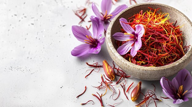 Vista superior de uma tigela de açafrão e suas flores em um estúdio com fundo limpo com um grande espaço para texto ou publicidade de produto IA geradora