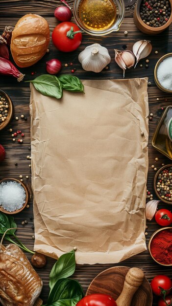 Foto vista superior de uma variedade de ingredientes frescos de cozinha em torno de um papel de pergaminho em branco