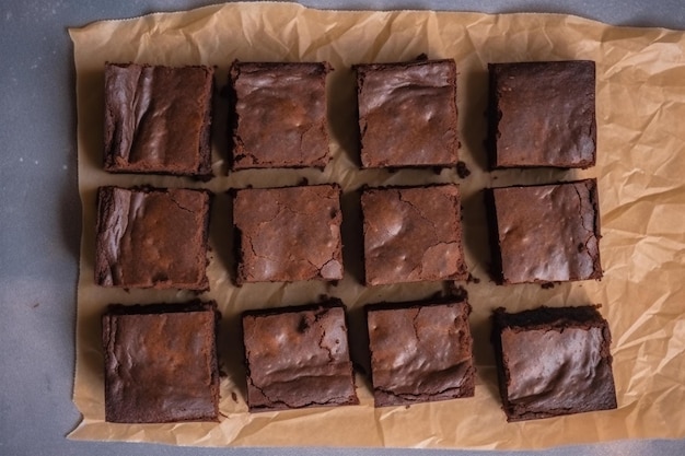 Vista superior de vários pedaços de brownie cortados em quadrados generativos ai