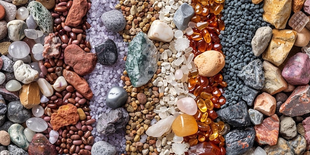 Vista superior de vários tipos e cores de pedras mini rochas mantidas como uma fila em um fundo limpo ou um fundo de natureza IA geradora