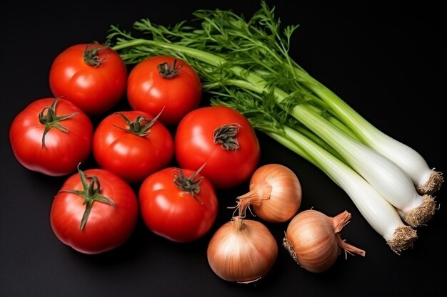 Vista superior de vegetais como cebolas, tomates e alho em superfície preta