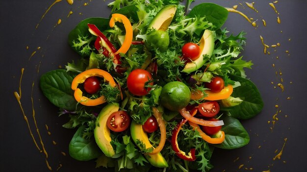 Vista superior de vegetais frescos maduros com verdes em superfície escura refeição de salada cor madura de vegetais
