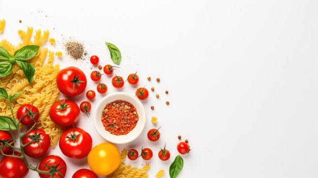 Foto vista superior decoración plana de tomates cereza crudos especias y macarrones sobre fondo blanco