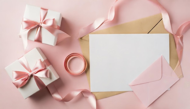 Vista superior de las decoraciones del Día de San Valentín caja de regalo blanca con cinta de seda pequeños corazones y tarjeta vacía