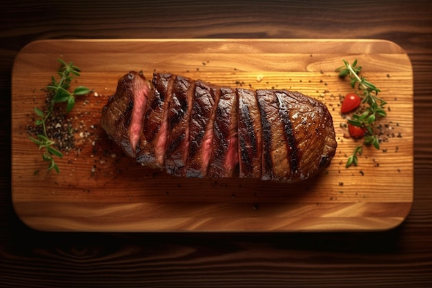Vista superior de una deliciosa carne en rodajas sobre una mesa de madera IA generativa