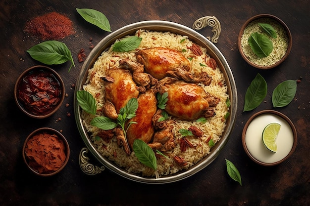 Una vista superior de la deliciosa cocina del norte de India para Ramadan Kareem y Eid Ul Adha Hyderabadi pollo biryani Dum Biriyani pollo pulao con hojas de menta arroz basmati hierbas y raitha son tradi