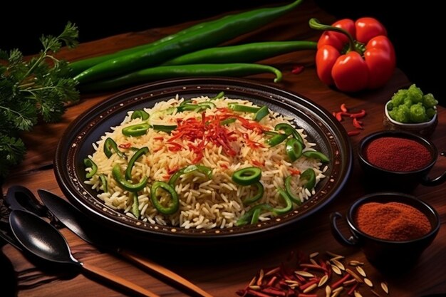 Vista superior de la deliciosa harina de arroz servida con verde y palillos en un plato negro pimientos en la oscuridad
