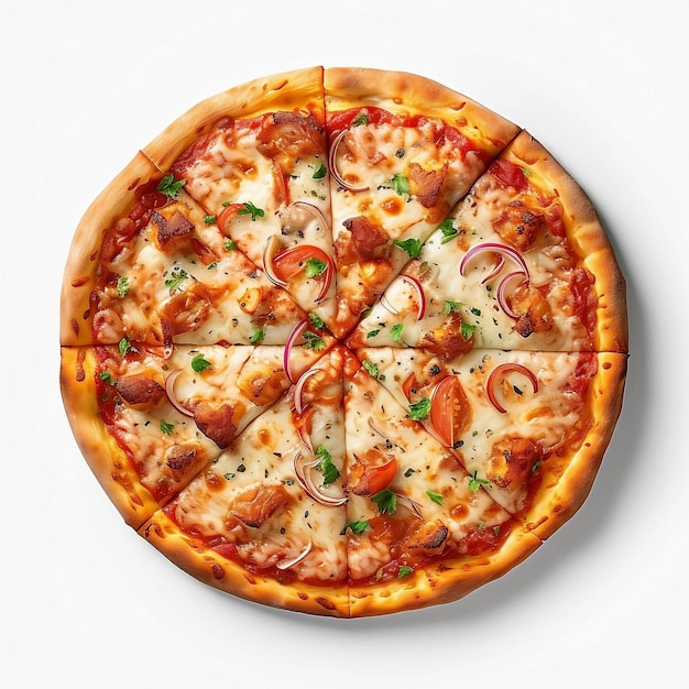 Vista superior de una deliciosa pizza aislada sobre un fondo blanco
