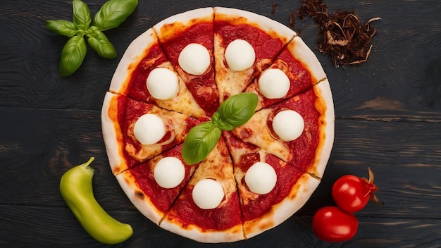 Vista superior de una deliciosa pizza con hoja de albahaca sobre una mesa de madera