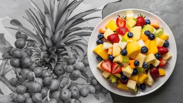 Vista superior deliciosa salada de frutas dentro do prato com frutas frescas em árvore de frutas cinza exótico ph tropical