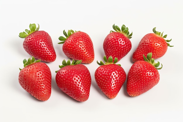 Vista superior de deliciosas fresas rojas sobre un fondo blanco IA generativa