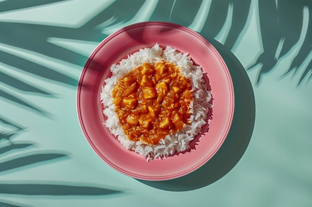 Vista superior de un delicioso arroz con curry en un plato rosado con un patrón de sombra tropical.