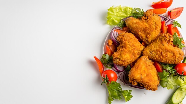 Foto vista superior delicioso pollo frito con condimentos y verduras en un espacio blanco generativo ai