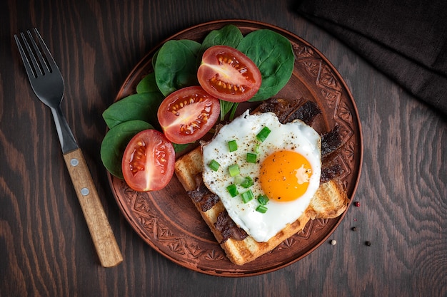 Vista superior del desayuno de huevos fritos con yema amarilla aderezada con cebolla sobre pan a la parrilla con tomate