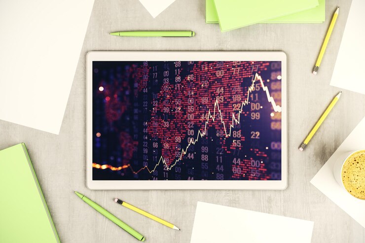 Foto vista superior del diagrama financiero creativo abstracto con mapa mundial en la pantalla de la tableta digital moderna concepto de banca y contabilidad representación 3d