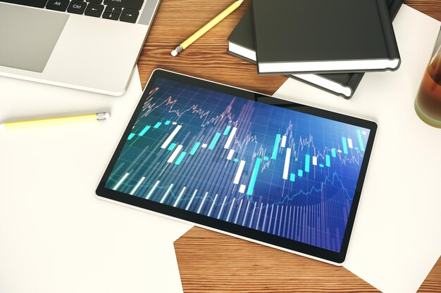 Vista superior del diagrama financiero creativo abstracto en la pantalla de la tableta digital moderna concepto de banca y contabilidad Representación 3D