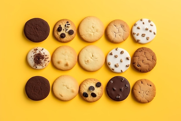 Vista superior de las diferentes galletas en la superficie amarilla