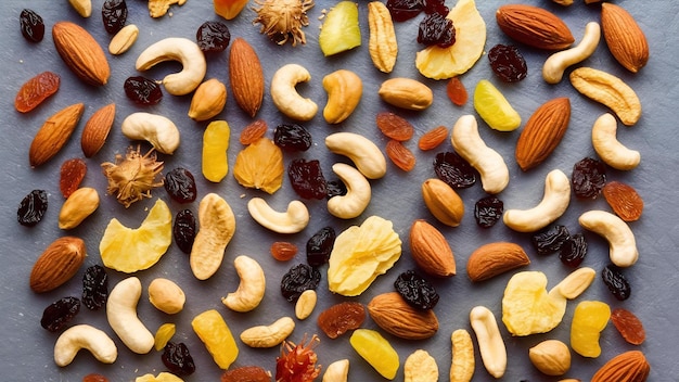 Vista superior de diferentes nueces con pasas y frutas secas en fondo gris bocadillo de nueces pasas frutas secas