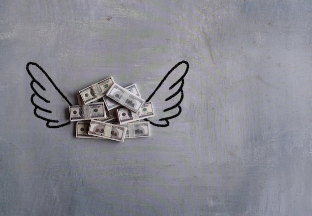 Vista superior de dinero y alas con espacio de copia Concepto de negocios y finanzas