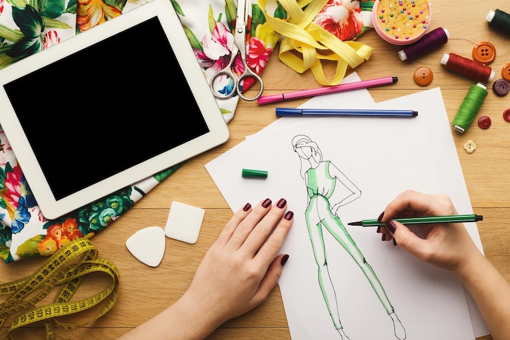 Foto vista superior del diseñador de moda en el trabajo. manos femeninas dibujando ropa boceto en su espacio de trabajo creativo y usando tableta digital con pantalla vacía para espacio de copia, vista superior