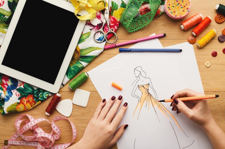 Foto vista superior del diseñador de moda en el trabajo. manos femeninas dibujando ropa boceto en su espacio de trabajo creativo y usando tableta digital con pantalla vacía para espacio de copia, vista superior