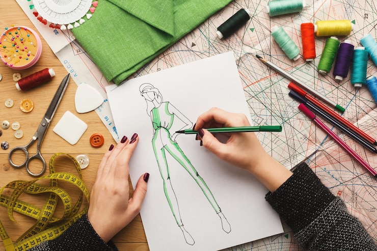 Foto vista superior del diseñador de moda en el trabajo. manos femeninas dibujando ropa boceto en su espacio de trabajo creativo, vista superior